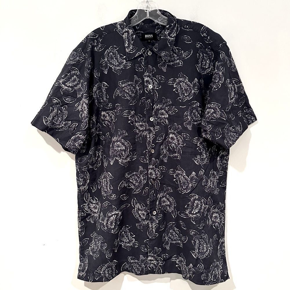 Boss Hugo Boss Linen‎ Blend Shirt Men's Size Large Navy Leaves Short Sleeve